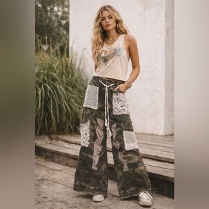 POL Camo Patchwork Wide Leg Pants Medium Boho Crochet Distressed